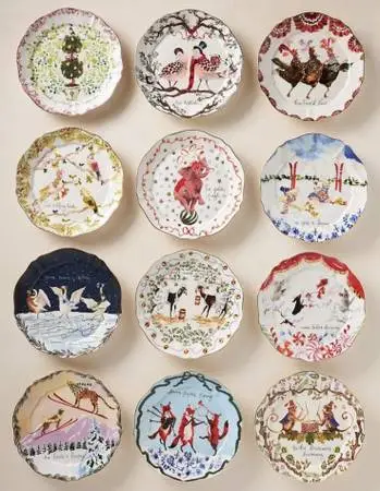 ANTHROPOLOGIE INSLEE FARISS 12 DAYS OF CHRISTMAS PLATES (SET OF ALL 12