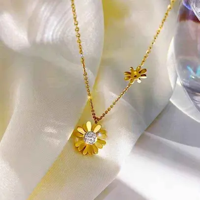 Stainless Steel New Fashion Jewelry Luxury Zircon Daisy Sun Flower Charms Chain Choker Necklaces Pen
