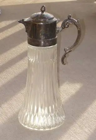 Vintage Carafe. Glass with Metal top. 14” High