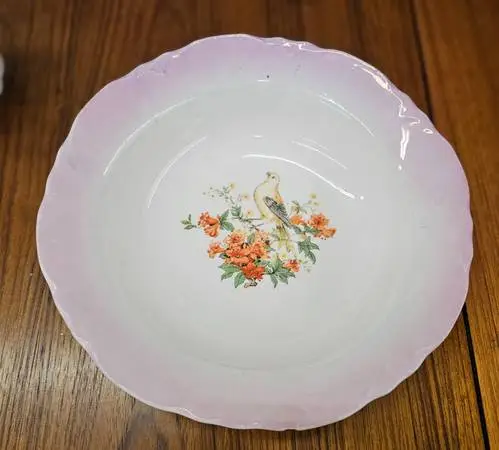 Vintage Pink Lusterware THOMPSON Pottery Bowl Birds Flowers
