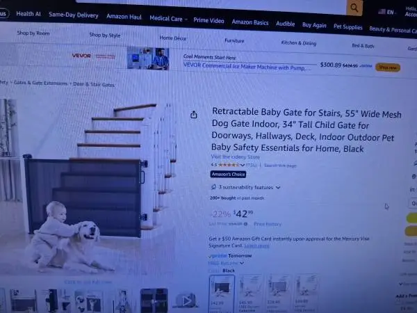 Retractable Baby Gate for Stairs, 55 Wide Mesh Dog Gate Indoor, 34 T