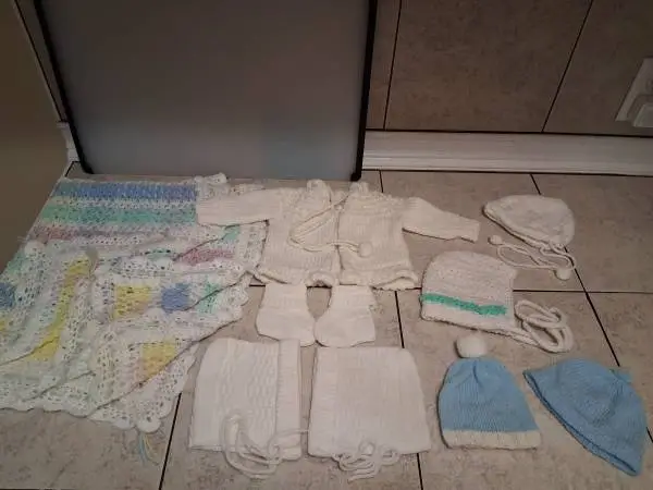 Vintage Crocheted Soft Knitted Baby Blanket Coat Hats Booties ($5-$20)