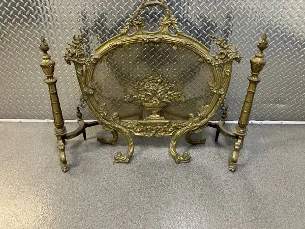 Vintage 1900s Victorian Baroque Rococo Brass Fire Fireplace Hearth