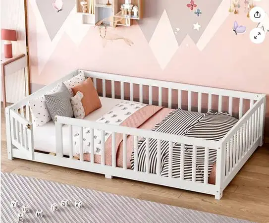 Bellemave Full Size Floor Bed with Safety Guardrails And Door White