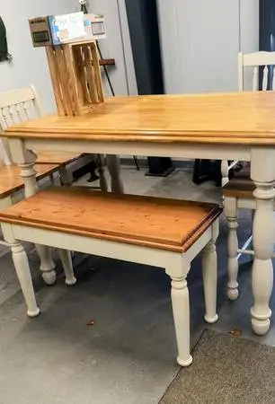 TABLE, 3 CHAIRS AND BENCH