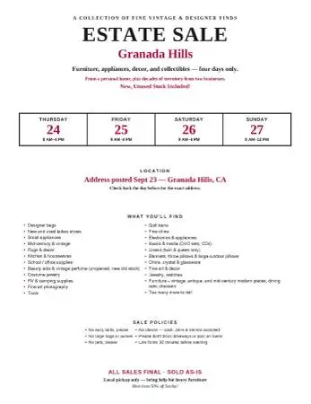 ESTATE SALE Thu-Sun 9/24-9/27 Vintage, Designer & New Stock