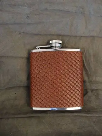 AS NEW BROWN/SILVER STAINLESS STEEL WHISKY FLASK