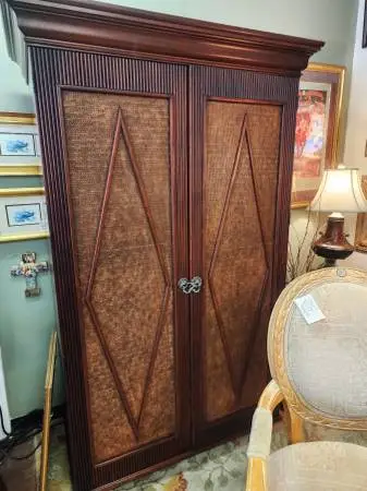 Vintage Woven Cane Panel Door Computer/Media Armoire-48W