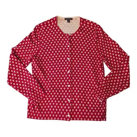 VTG Lands End Red White Fleur De Lis Cardigan Sweater Womens L