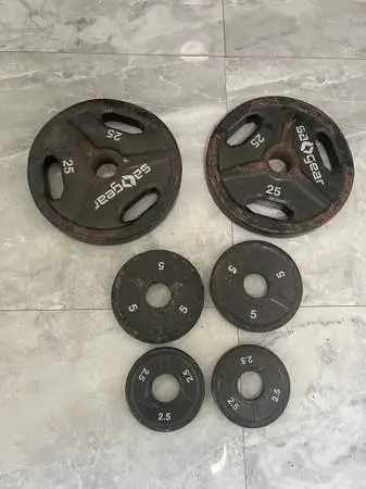 Cash only no Zelle pair of used 25lb 5lb and 2.5lb total 65lb Olympic