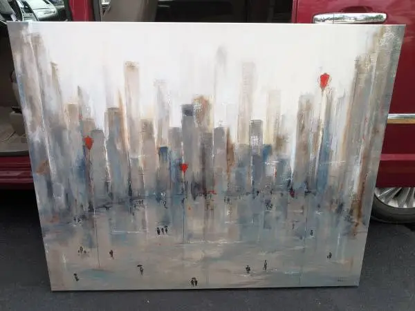 Beautiful Signed Abstract Cityscape Wood Frame Canvas Print
