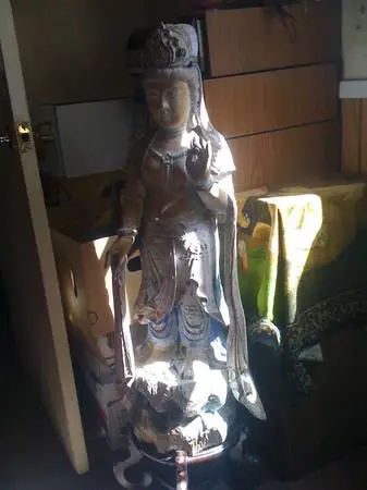 Antique Guanyin Wood Statue, Intricately Carved late 1700s-early1800s
