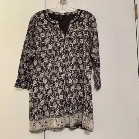 NWT Lucky Brand Size 1X Black/White Print 3/4 Sleeve Cotton Shirt