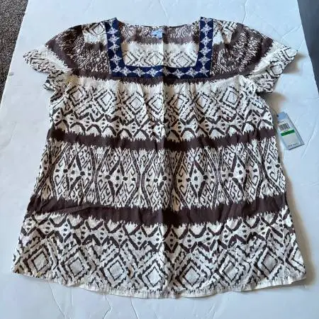 NWT Womens IZOD Mahogany Print Cotton Short Sleeve Shirt Size Large
