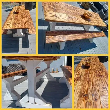 YAGASUKI WEATHERPROOF OUTDOOR PATIO SET, TABLE BENCH ANF 2 BENCHES