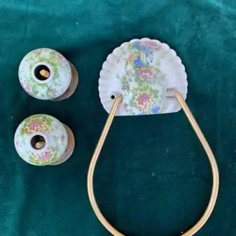 French Porcelain Towel Holder+Faucet Handles Set
