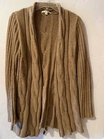 CAbi #591 Cable Cardigan Knit Sweater Tan Beige Light Brown SMALL