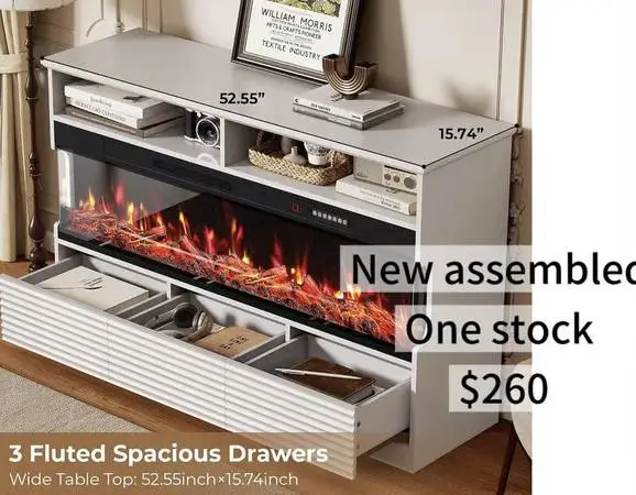 Fireplace TV Stand for TVs Up to 65, Fluted Fireplace Entertainment