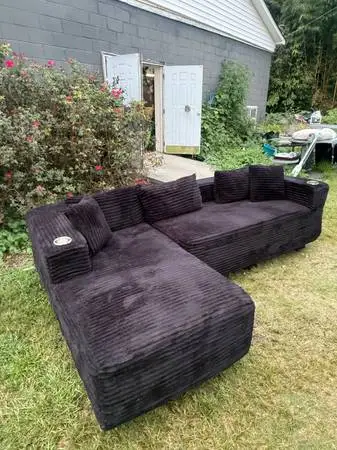 Black Corduroy L-Shape Sectional w/ Cup Holders
