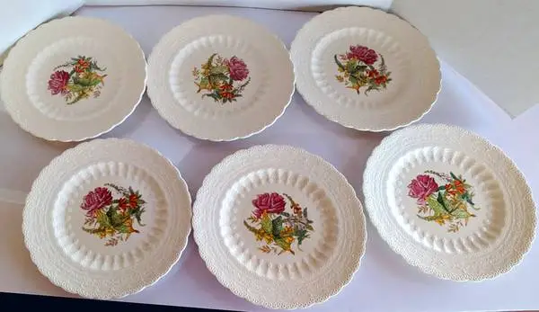 6 Vintage Copeland Spodes Jewel Plates 9 Pink Floral Gold Trim