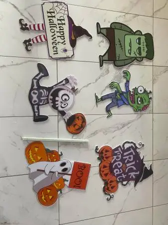 Set Of 6 Halloween Yard Signs Pumpkin Ghost Monster w/ Stakes