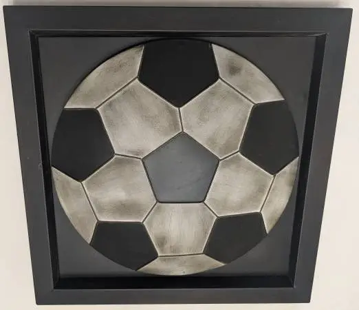 Framed 3D Soccer Ball Wall Picture Distressed Black and Silver Metal