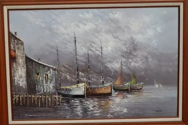 Harbor Boat Scene Oil Painting on canvas signed by T. Sing