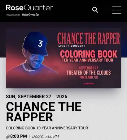 Two tickets for Chance the Rapper’s Coloring Book 10 Year Anniversary Tour