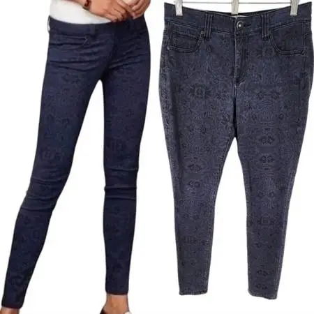 Cabi Jeans Blue Black Lace Pattern Curvy Skinny Stretch Denim Jeans 14