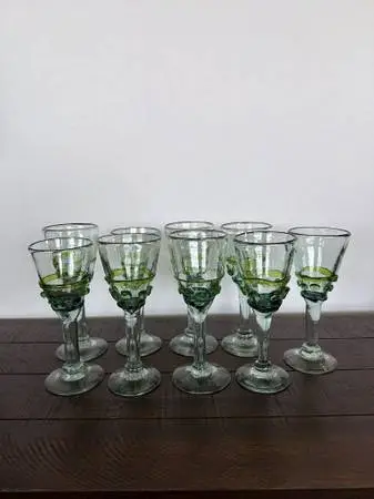Blown Glass Stemware W/ Green Design- Set of 9