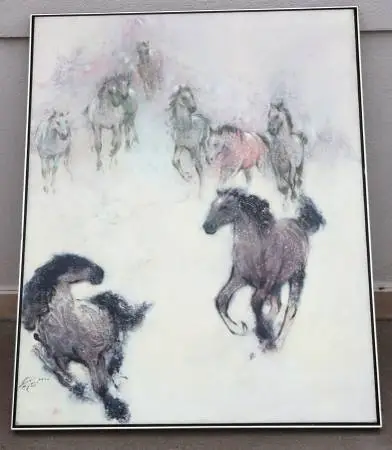 HU CHI CHUNG Original 1927-2012 Horses Oil Painting on canvas 41x51
