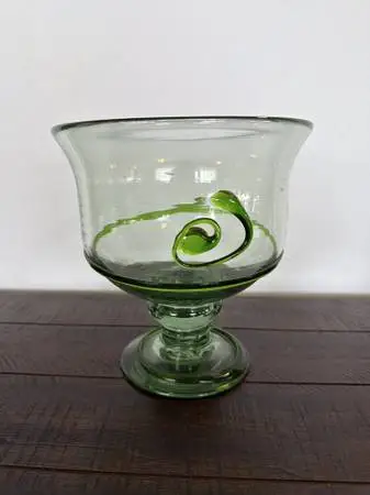 Blown Glass Pedestal Bowl W/ Green Design- 8X8X9
