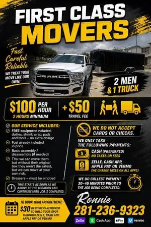 Movers and delivery $250 first 2 hours minimum