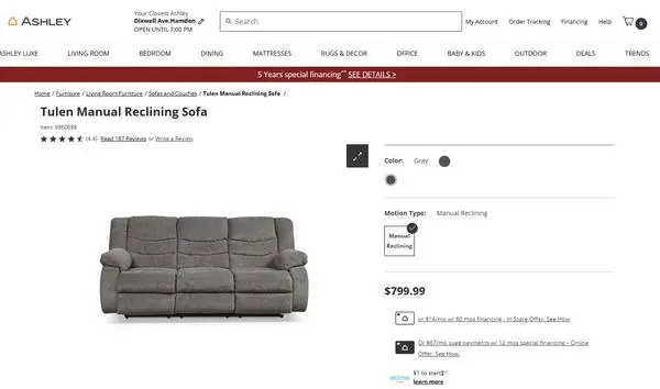 Ashley Tulen Manual Reclining Sofa (FREE)