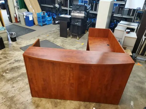 L Shape Cherry Reception Desk Shell Workstation w/ Transaction Top