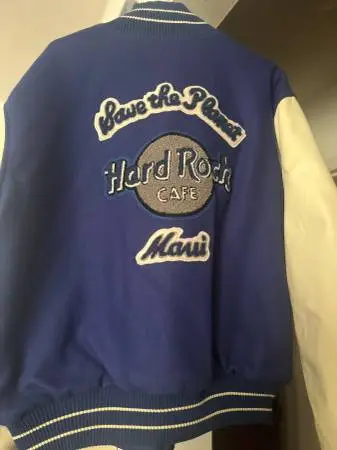 Men’s Blue Hard Rock Bomber Leather/Wool Jacket - NEW