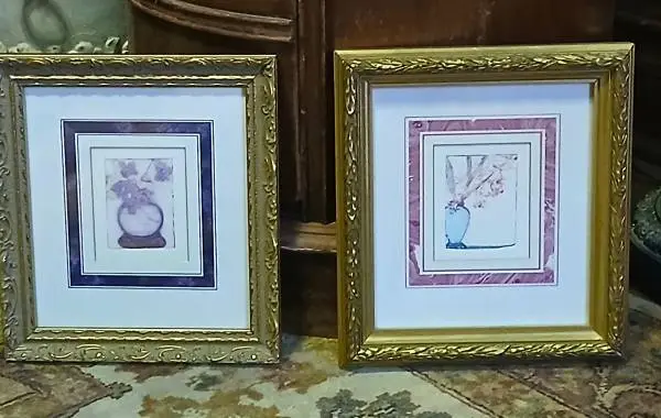 2 Vintage Style BOTANICAL, FLORA WATER COLORS. GOLD-GILDED FRAMES.