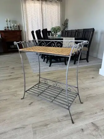 Iron and woven wicker console table with shelf / plant stand / side en