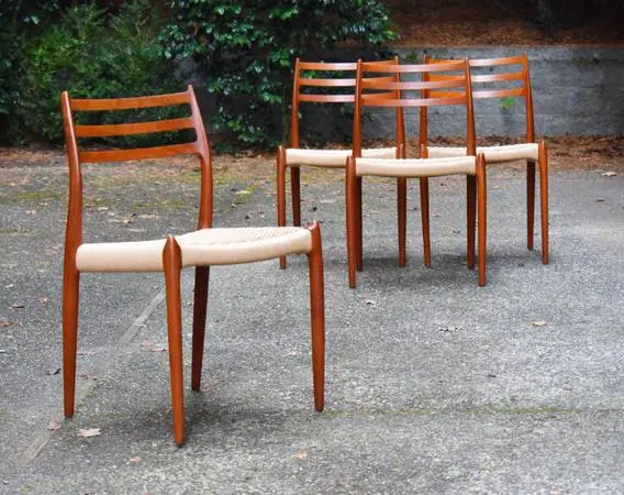 Four Danish teak Niels Moller 78 dining chairs w/new papercord seats