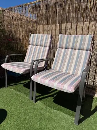 2 OUTDOOR PATIO CHAIRS WITH CUSHIONS