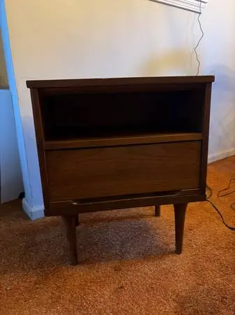 Mid-Century Walnut Nightstand: 1 Drawer + Open Shelf, Tapered Legs