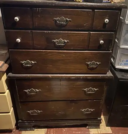 Vintage 6-Drawer Wood Dresser – Dark Stain, Brass Hardware