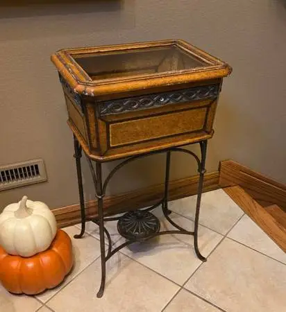 Leather And Glass Display Case End Table With Iron Base