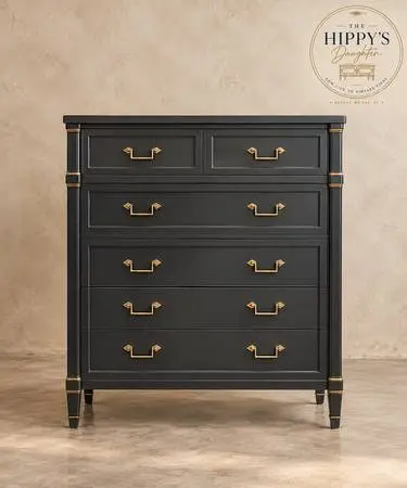Vintage “By Drexel” Solid Wood Highboy Dresser | Charcoal Blue & Gold