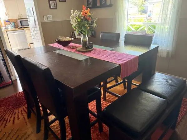 Beautiful square dining table with 2 benches and 4 chairs