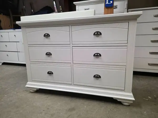 Modern White 6 Drawer Dresser with Black Handles