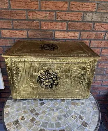 Vintage Embossed Brass Coal Tinder Kindling Fireplace Scuttle Box Repo