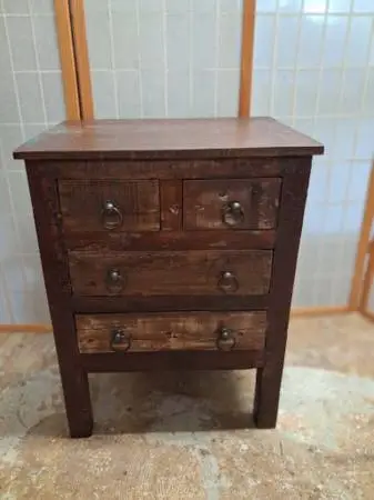 Rustic 4-Drawer Nightstand — Solid Reclaimed Wood, Iron Ring Pulls.