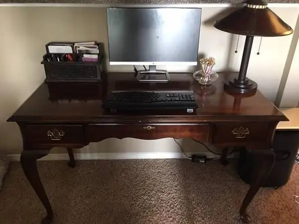 Dark Wood Writing Desk w/brass drawer pulls