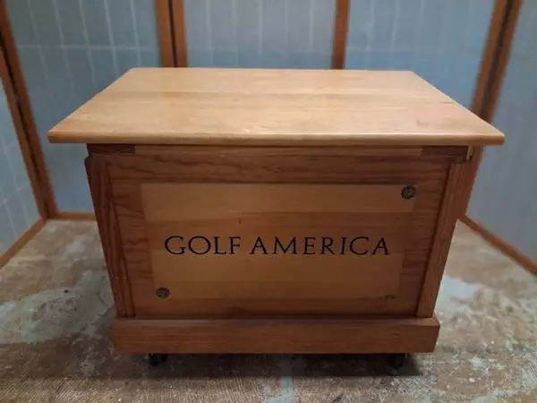 Vintage Wood Storage Chest on Wheels — Golf America — Lift-Off Top,